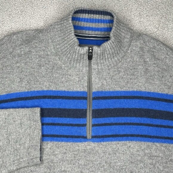 Eddie Bauer Mens Sweater Extra Large Quarter Zip Wool Gray Blue Stripe 1/4 Zip - Picture 1 of 13